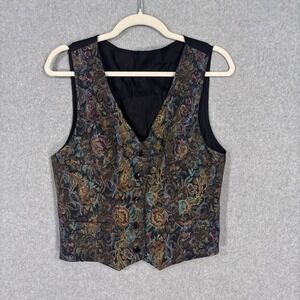 Vintage 90s Brocade Tapestry Vest Large Floral Glitter Metallic Dark Romantic**